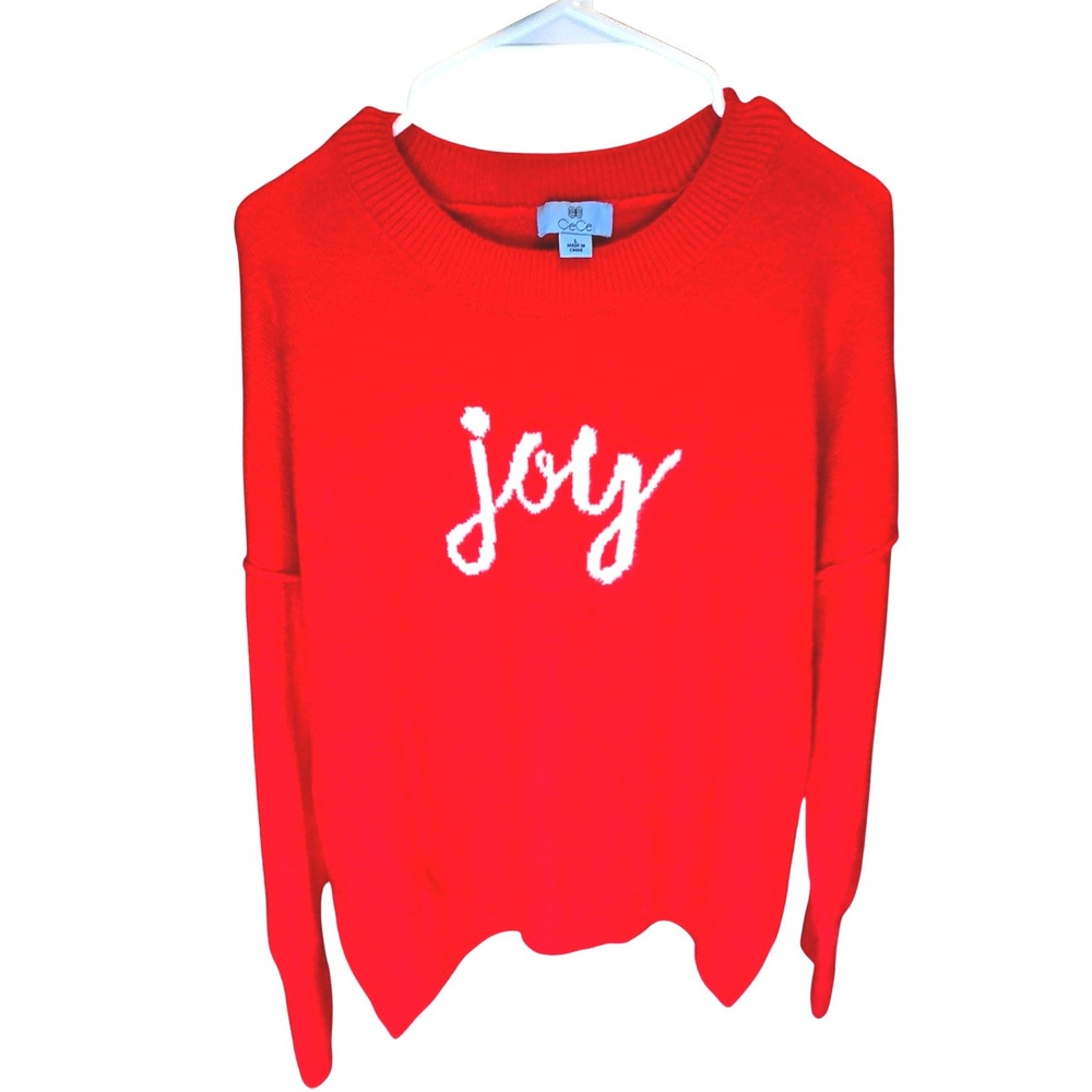 CeCe Red Joy Script Graphic Long Sleeve Crewneck Holiday Sweater Womens Large
